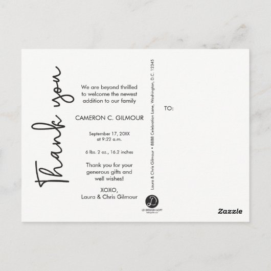 Carte Postale Faire-part de naissance bébé vertical et Merci (Dos)