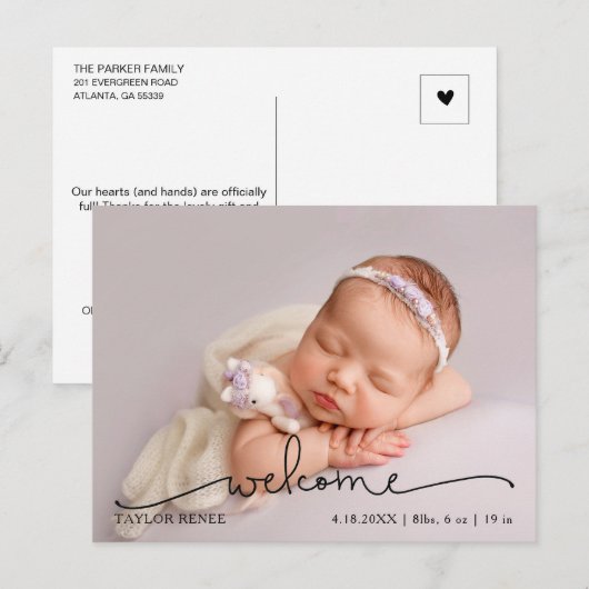 Carte Postale Faire-part de naissance de bébé au style moderne a (Devant / Derrière)