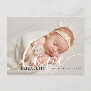 Carte Postale Faire-part de naissance de bébé avec écriture mign