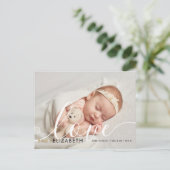 Carte Postale Faire-part de naissance de bébé avec un script mig (Debout devant)