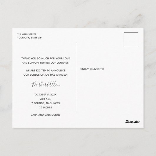 Carte Postale Faire-part de naissance de script élégant (Dos)