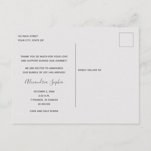 Carte Postale Faire-part de naissance de script Merci photo bébé (Dos)