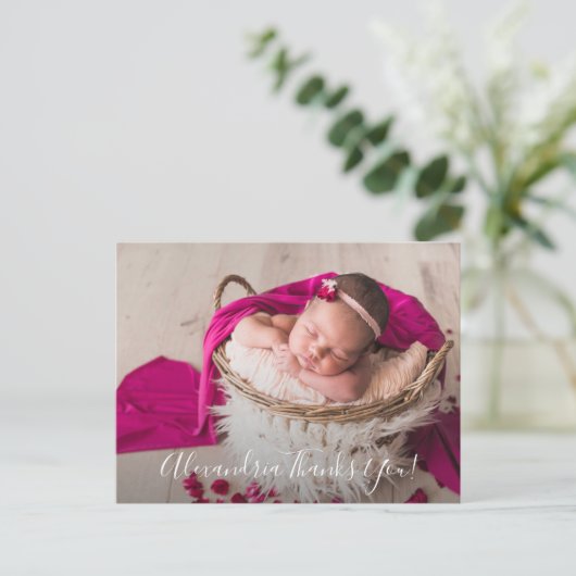 Carte Postale Faire-part de naissance de script Merci photo bébé (Debout devant)