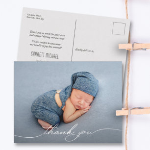 Carte Postale Faire-part de naissance de script Merci photo bébé