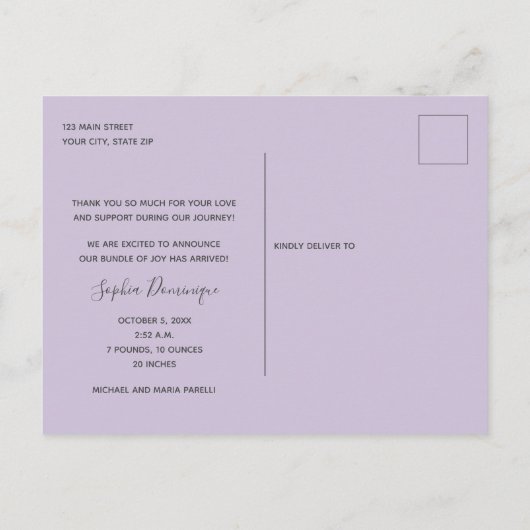 Carte Postale Faire-part de naissance de script Merci photo bébé (Dos)