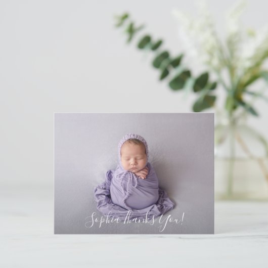 Carte Postale Faire-part de naissance de script Merci photo bébé (Debout devant)