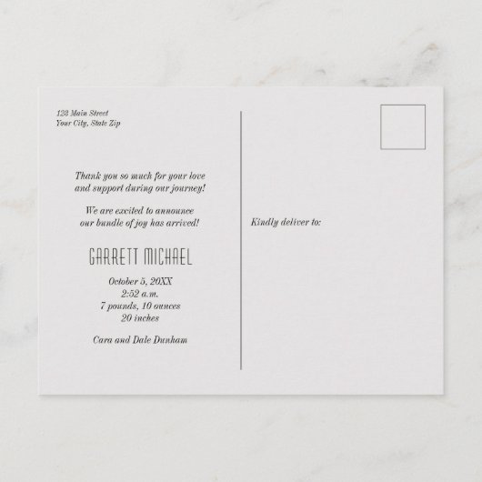 Carte Postale Faire-part de naissance de script Merci photo bébé (Dos)