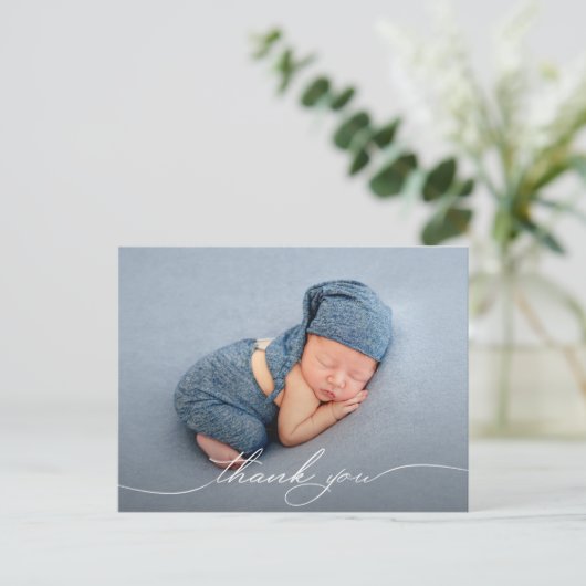 Carte Postale Faire-part de naissance de script Merci photo bébé (Debout devant)