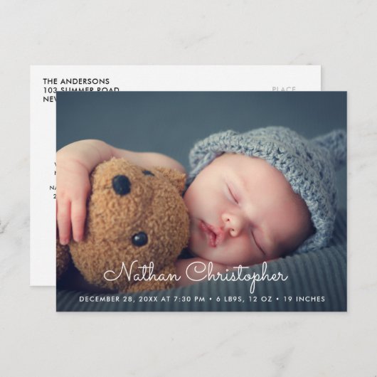 Carte postale faire-part de naissance de script mo (Devant / Derrière)