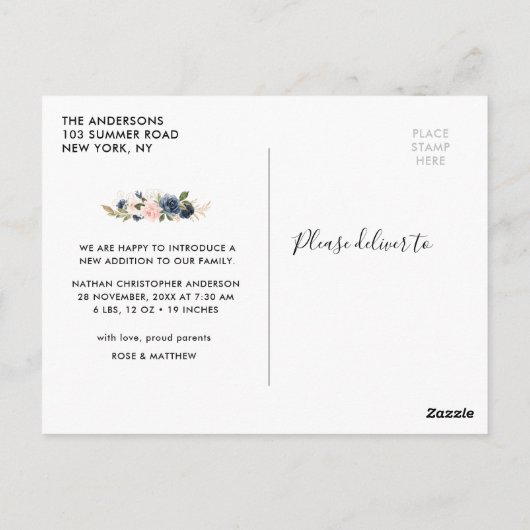 Carte postale faire-part de naissance de script mo (Dos)