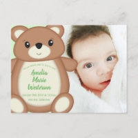 Faire-part de naissance d'ours en peluche vert