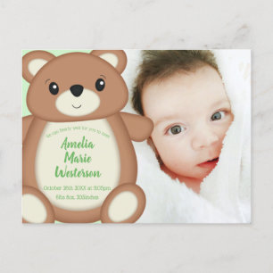 Carte Postale Faire-part de naissance d'ours en peluche vert