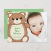 Carte Postale Faire-part de naissance d'ours en peluche vert (Devant / Derrière)