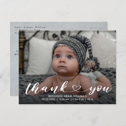 Carte postale faire-part de naissance et Merci (Devant / Derrière)