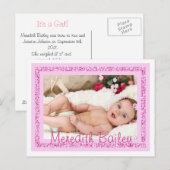 Carte postale Faire-part de naissance fille bébé (Devant / Derrière)