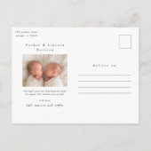 Carte Postale Faire-Part de Naissance Jumeaux Photo Mignons Simp (Dos)