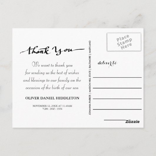 Carte Postale Faire-part de naissance Merci photo de script mode (Dos)