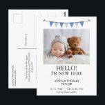 Carte Postale Faire-part de naissance moderne Blue Bund'indicate<br><div class="desc">Faire-part de naissance moderne Blue Bunting Flag Carte postale Photo simple moderne sur le faire-part de naissance de naissance du garçon avant avec un drapeau bleu et du texte noir. Le message des parents s'affiche à l'arrière. Cette carte postale faire-part de naissance moderne est une façon douce d'annoncer la naissance...</div>