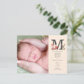 Carte Postale Faire-part de naissance Monogramme photo bébé (Debout devant)