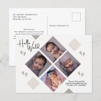 Carte Postale faire-part de naissance nouveau-né simple avec pho