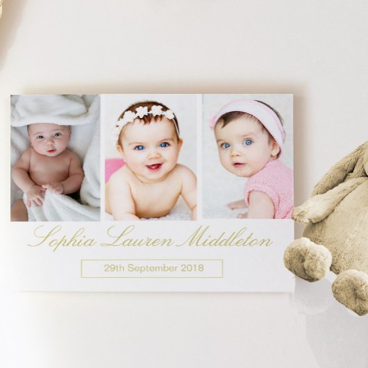 Carte Postale Faire-part de naissance photo couleur or Script