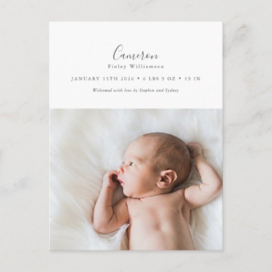 Carte Postale Faire-part de naissance photo de script minimal (Devant)
