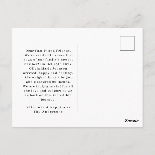 Carte Postale Faire-part de naissance photo minimal pour bébé mo (Dos)