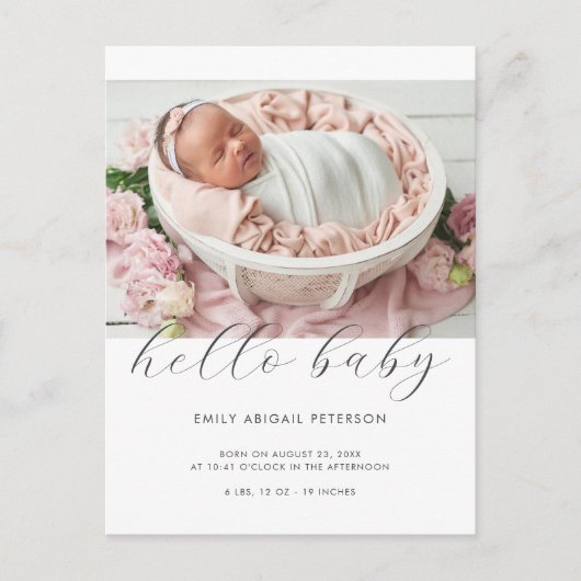 Carte Postale Faire-part de naissance photo simple moderne Hello (Devant)