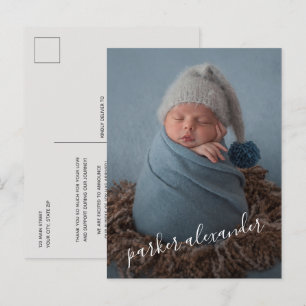 Carte Postale Faire-part de naissance Script Merci Photo de bébé