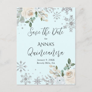 Carte Postale Faire part de Quinceanera floral hivernal bleu cla