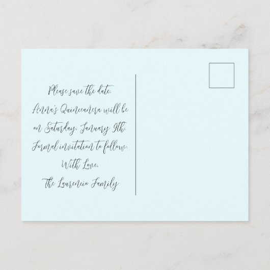 Carte Postale Faire part de Quinceanera floral hivernal bleu cla (Dos)