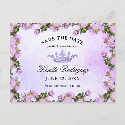 Carte Postale Faire part de Quinceanera floral violet lilas (Devant)