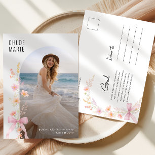 Carte Postale Faire-part de remise de diplôme avec nœud rose flo