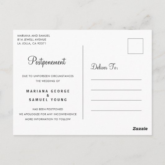 Carte Postale Faire-part de report du Mariage de script simple (Dos)