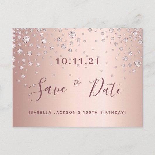 Carte Postale faire-part de sauvegarde diamants or rose pour 100 (Devant)