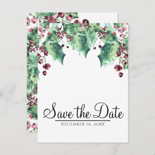 Carte Postale Faire-part Décembre Mariage d'hiver Holly Berry Enregistrer l (Devant / Derrière)