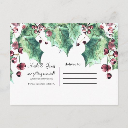 Carte Postale Faire-part Décembre Mariage d'hiver Holly Berry Enregistrer l (Dos)