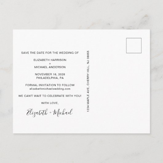 Carte Postale Faire-part Découpe photo de script moderne Enregistrer la dat (Dos)
