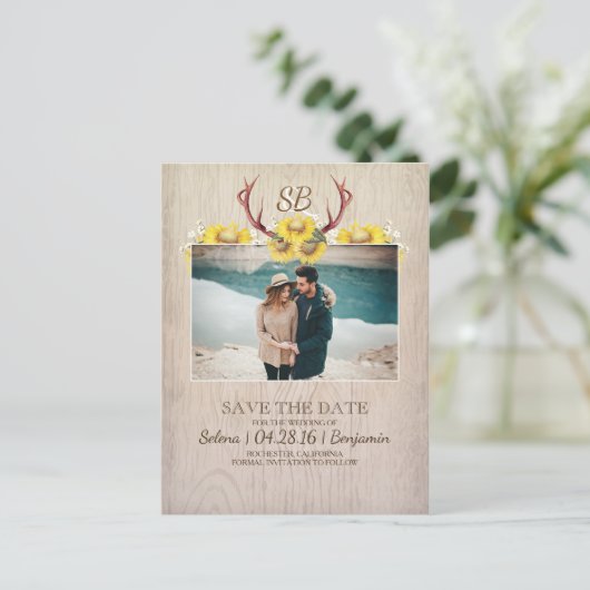 Carte Postale Faire-part Deer Antlers et Sunflower Photo Enregistrer la dat (Debout devant)