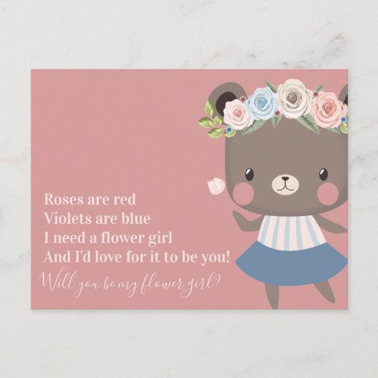 Carte Postale Faire-part Demande Fille Fleur Mariage Ourson Mignon (Devant)