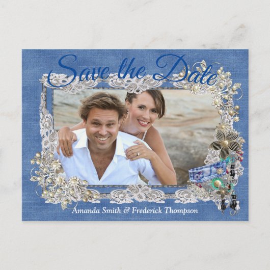 Carte Postale Faire-part Denim avec dentelle de crème et bijoux costume (Devant)