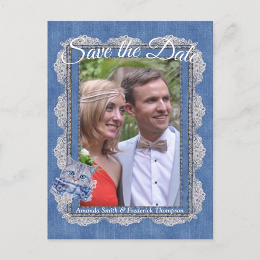 Carte Postale Faire-part Denim avec dentelle de crème et un chaton (Devant)