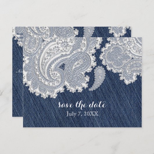 Carte Postale Faire-part Denim Jean & White Lace Élégante Mariage nuptiale (Devant / Derrière)