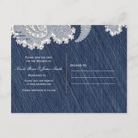 Carte Postale Faire-part Denim Jean & White Lace Élégante Mariage nuptiale (Dos)