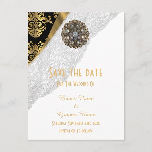 Carte Postale Faire-part Dentelle blanche, damas noir et or enregistrer la  (Devant)
