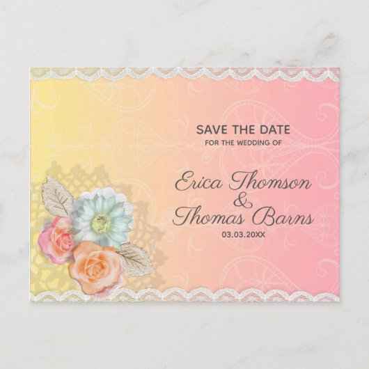 Carte Postale Faire-part Dentelle Blanche Et Fleurs (Devant)