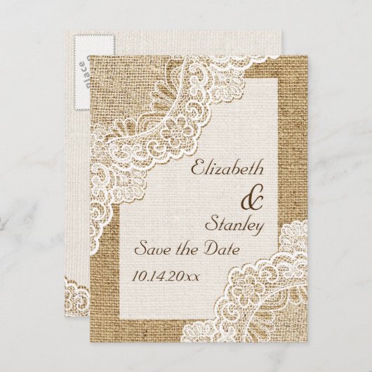 Carte Postale Faire-part Dentelle blanche rustique sur burlap mariage Enreg (Devant / Derrière)