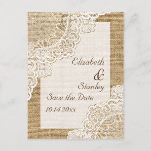 Carte Postale Faire-part Dentelle blanche rustique sur toile de jute pour f