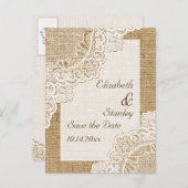 Carte Postale Faire-part Dentelle blanche rustique sur toile de jute pour f (Devant / Derrière)