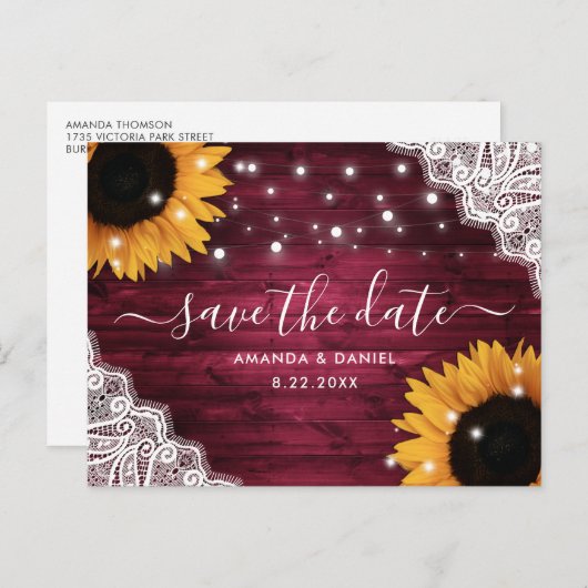 Carte Postale Faire-part Dentelle Bourgogne Mariage Tournesol Enregistrer L (Devant / Derrière)